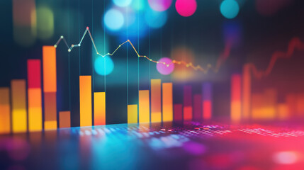 Wall Mural - Colorful abstract financial graph with glowing lines and bars representing data analytics and market trends on a vivid background.