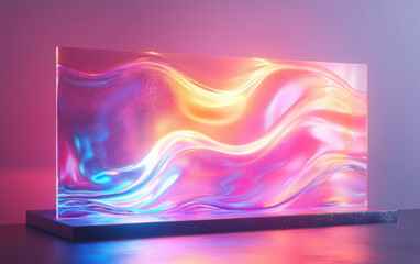 Wall Mural - A vibrant, abstract 3D art piece features swirling waves of colorful light on a sleek, reflective surface, creating a mesmerizing visual experience.