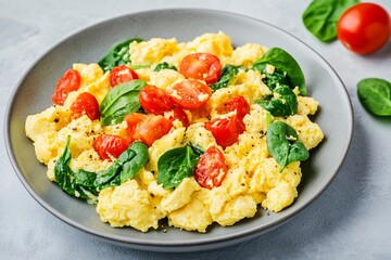 Plate of scrambled eggs with spinach and tomatoes, brain-boosting meal, nutritious and easy.