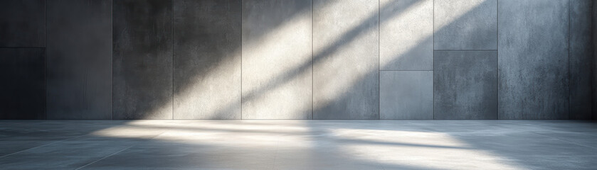 Wall Mural - modern empty concrete room with sunlight streaming through large windows, creating dynamic shadows a