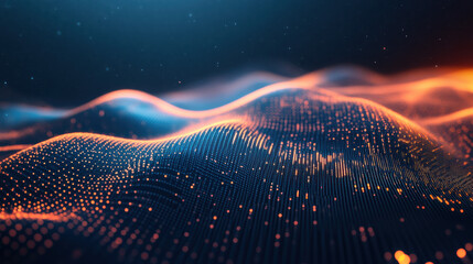 Sticker - Digital landscape of abstract waves with glowing dots representing data flow and connectivity, perfect for tech and futuristic themed projects.