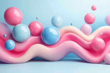 Wall Mural - abstract illustration with glossy, colorful spheres and wavy shapes in pink and blue hues on a pale 