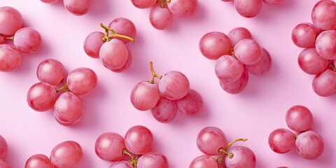 Wall Mural - Fresh and juicy pink grapes scattered on a soft pink background. This image captures the natural beauty of fruits. Ideal for healthy lifestyle themes and food photography. AI