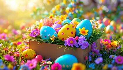 A cardboard box filled with colorful Easter eggs, surrounded by vibrant flowers in a sunny meadow.