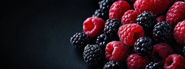 A pile of fresh raspberries and blackberries on a dark background, with a closeup view. Captured using a wide-angle lens and natural lighting. 