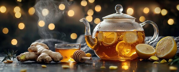 A glass teapot filled with ginger tea and lemon, a honey pot on the side, and ginger pieces beside it, set against a dark background with bokeh lights in the background.