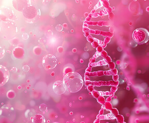 Wall Mural - pink background with DNA helix and one large cell, glowing pink bubbles around the cells