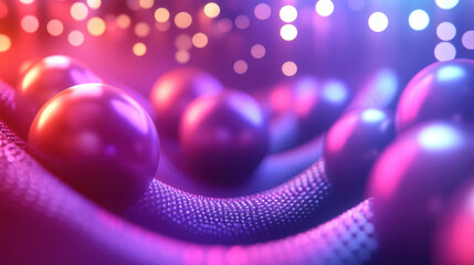 Wall Mural - Abstract macro image of smooth spheres on a textured surface with vibrant lights in the background, creating a captivating futuristic scene.