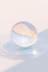Wall Mural - translucent crystal sphere creates ripples on a smooth surface, reflecting soft pastel hues. minimal