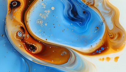 Swirling Abstract Liquid Art Featuring Coffee, Milk, Caramel, and Vibrant Blue Accents