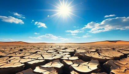 Vast arid desert with sun-baked cracked earth beneath an expansive clear blue sky