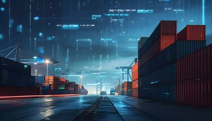 Wall Mural - Futuristic Nighttime Shipping Port Featuring Dynamic Digital Interface and Strategically Positioned Cargo Containers