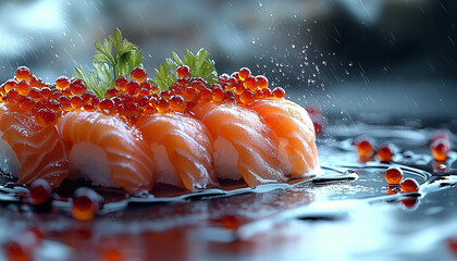 Poster - Fresh seafood plate, sashimi slice, healthy Japanese lunch generated by AI