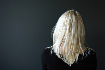 blonde woman with long hair in black clothes, graphed from behind against a dark background.