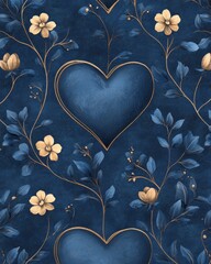 Wall Mural - Floral pattern featuring hearts on a dark blue background.