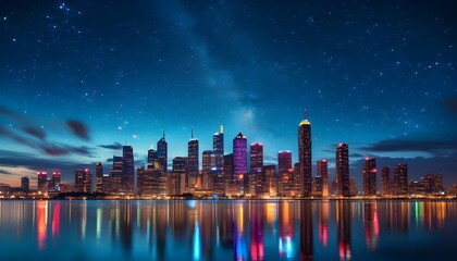 Enchanting city skyline glowing at night beneath a star-filled sky with shimmering reflections on the tranquil water