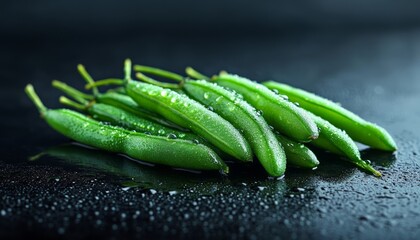 Fresh green beans with water droplets on a dark surface.