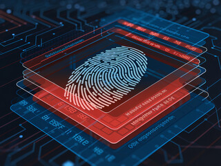 An abstract photo of fingerprint layered over digital circuits, symbolizing security and identity verification. intricate design evokes sense of technology and innovation