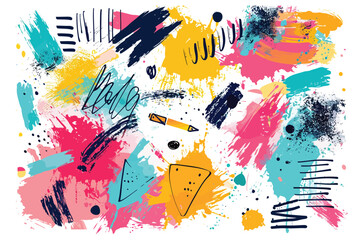 Wall Mural - Minimalist Scribble Shapes with Watercolor Stains isolated