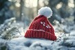 © Jennie Pavl - an artistic shot of a knitted italian holiday stocking cap lifted slightly off a snow-covered ground, creating a charming winter atmosphere
