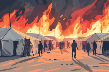 Wall Mural - Refugee Camp on fire isolated