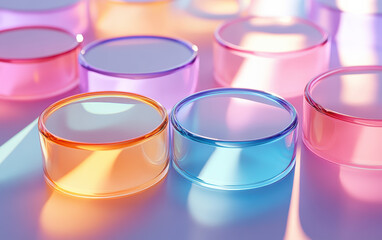 Wall Mural - colorful translucent discs arranged in rows, reflecting light with a glossy surface. the vibrant hue