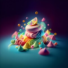 Poster - A colorful abstract composition with a lemon slice on top of swirling pastel shapes.