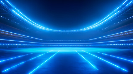 Wall Mural - Illustration of a stadium illuminated with abstract blue neon lights. 3d sports technology background. ai generated. Neon Lights. Illustration