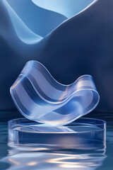 Abstract glass sculpture with a wavy design, set against a serene blue backdrop with fluid reflections. Modern and elegant aesthetic.