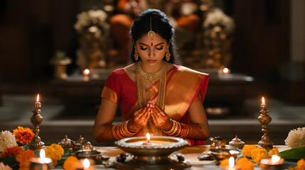 Stunning South Indian Bride in Traditional Attire: Capturing the Essence of Elegance and Cultural Richness with Beautiful Saree, Jewelry, and Bridal Makeup