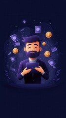 Poster - A cheerful man with a beard enjoying digital finance, surrounded by floating money and digital currency symbols, illustrating wealth management.