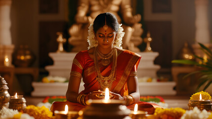 Stunning South Indian Bride in Traditional Attire: Capturing the Essence of Elegance and Cultural Richness with Beautiful Saree, Jewelry, and Bridal Makeup