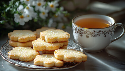 Canvas Print - Homemade dessert on rustic table, hot tea refreshment generated by AI