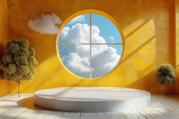 Canvas Print - Bright, minimalist interior with round window showcasing blue sky and clouds. Warm tones and circular platform create a serene atmosphere.