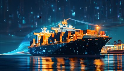 Wall Mural - Futuristic cargo ship navigating a bustling harbor at night, surrounded by vibrant light trails and a mesmerizing digital overlay