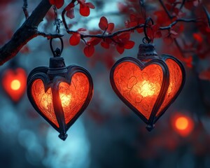 Canvas Print - Heart-shaped lanterns glowing among red leaves at twilight.