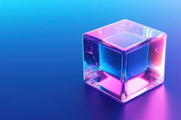 Wall Mural - vibrant 3d-rendered glass cube with neon colors on a gradient background, showcasing modern design a