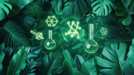 An enchanting display of green laboratory tools and symbols set against lush foliage, symbolizing scientific discovery and innovation.