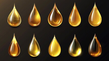 Set of different realistic honey or oil drops on transparent background.