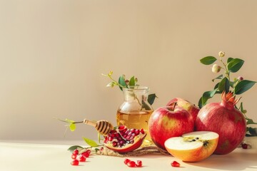 Apple, honey and pomegranate on beige background. Home treatment