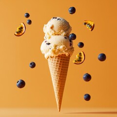 Poster - Ice cream cone with blueberry and passionfruit, floating against orange.