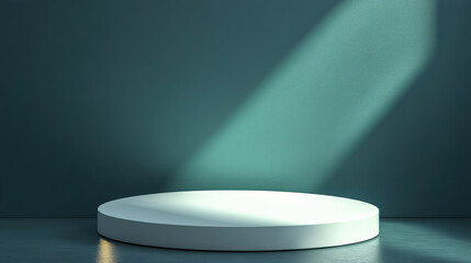 Wall Mural - minimalistic round white platform with dramatic lighting against a teal wall, perfect for showcasing