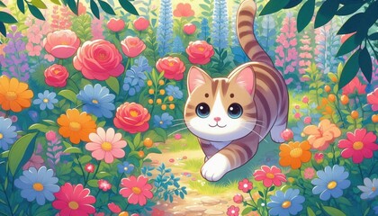 A playful cat exploring a garden with colorful flowers, vector art with soft, vibrant colors, flat and clean design