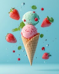 Poster - Ice cream cone with mint and strawberry flavors, surrounded by fruit.