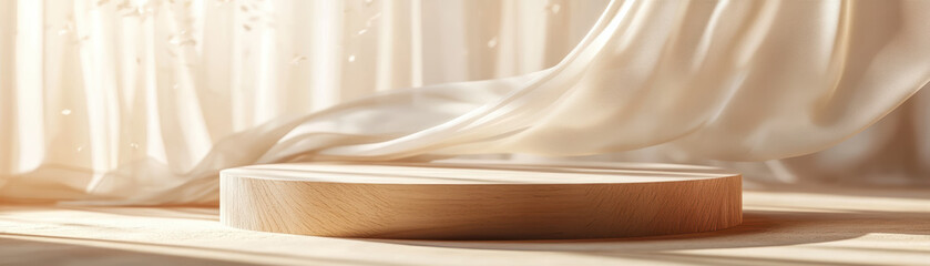 Wall Mural - elegant wooden podium bathed in soft sunlight with delicate, flowing curtains. ideal for showcasing 