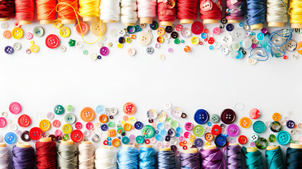 Wall Mural - Spools of thread and buttons on the colors of the rainbow on a white background,  On one side are colored buttons, on the other, dark ones