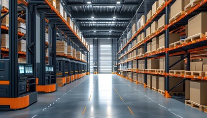 Innovative automated warehouse featuring advanced digital inventory management in a cutting-edge industrial environment