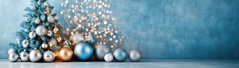 Charming Christmas scene featuring a decorated tree with shimmering ornaments and twinkling lights on a serene blue background.