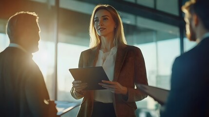 Wall Mural - Businesswoman Presenting Information to Colleagues in an Office Setting