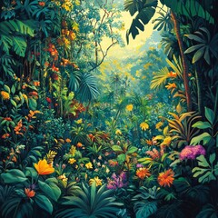 Sticker - Lush tropical forest filled with vibrant flowers and greenery.